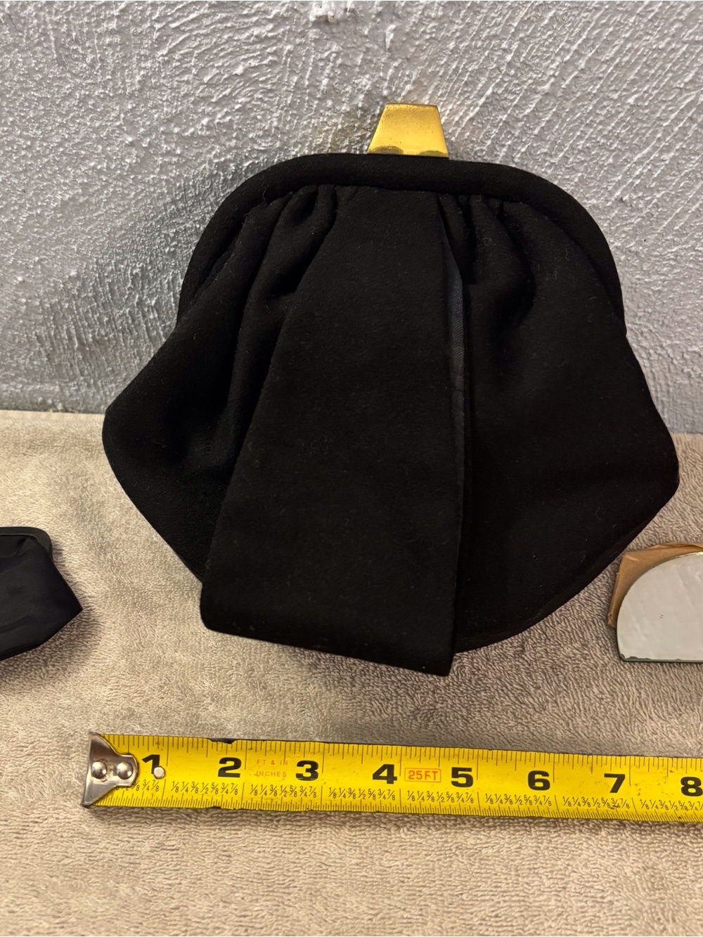 Black Wool  Frame Clutch with Gold-Tone Closure 50 era, Cohama coin purse mirror